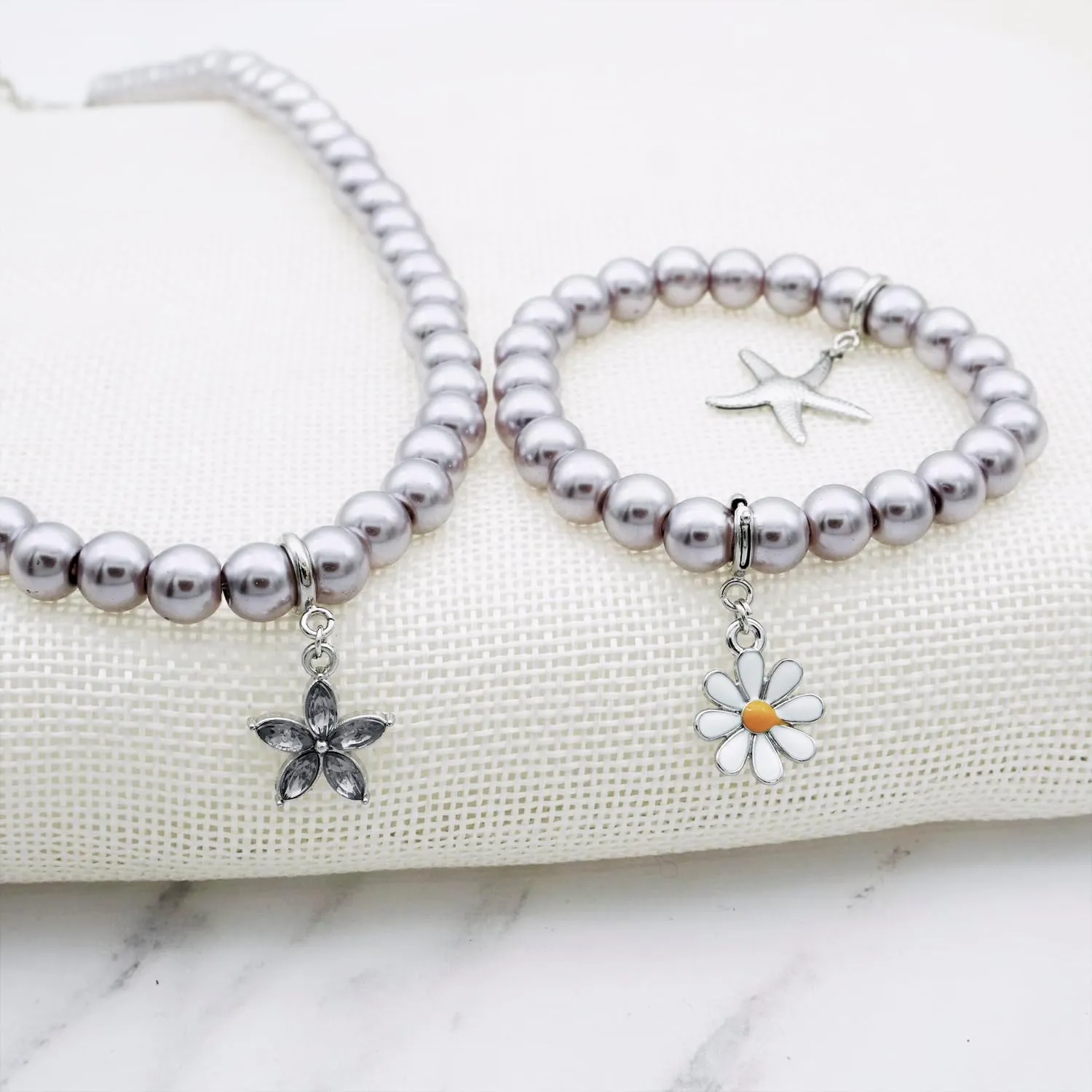 8mm Faux Pearl Necklace Elastic Bracelet Jewelry Set Beige White Pink Fake Pearl Jewelry