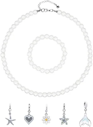 8mm Faux Pearl Necklace Elastic Bracelet Jewelry Set Beige White Pink Fake Pearl Jewelry