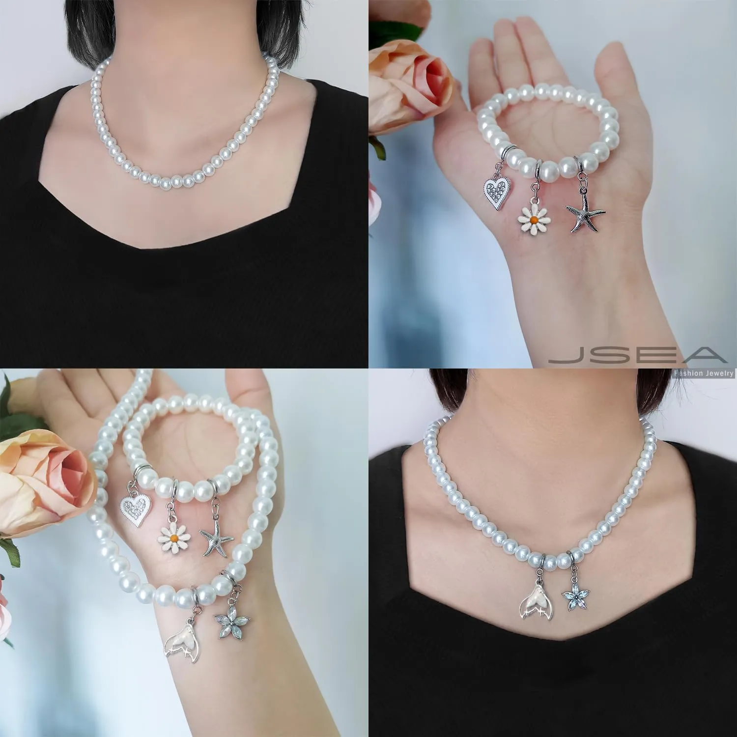 8mm Faux Pearl Necklace Elastic Bracelet Jewelry Set Beige White Pink Fake Pearl Jewelry