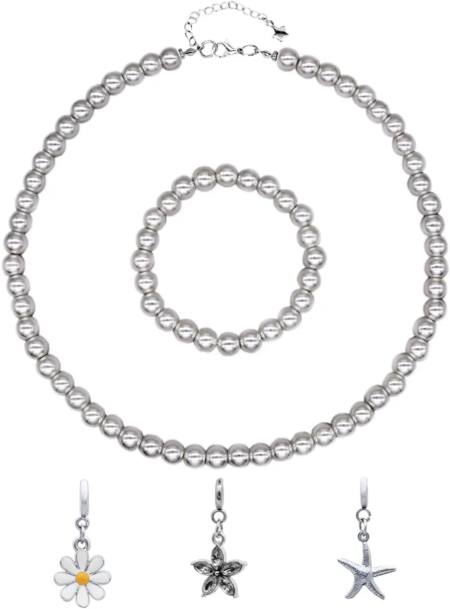 8mm Faux Pearl Necklace Elastic Bracelet Jewelry Set Beige White Pink Fake Pearl Jewelry