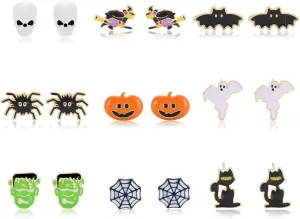 9 Pairs Halloween Earrings for Women Spider Web Pumpkin Ghost Bat Stud Earrings Halloween Outfits Accessories Costume Party Favors (9 Pairs halloween Earings Studs)