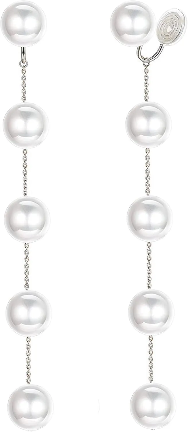 925 Sterling Silver 14mm White Round Pearl Drop Earrings for Women Fashion Dangle Hoop Earrings for Wedding Minimalist Jewelry for Girls