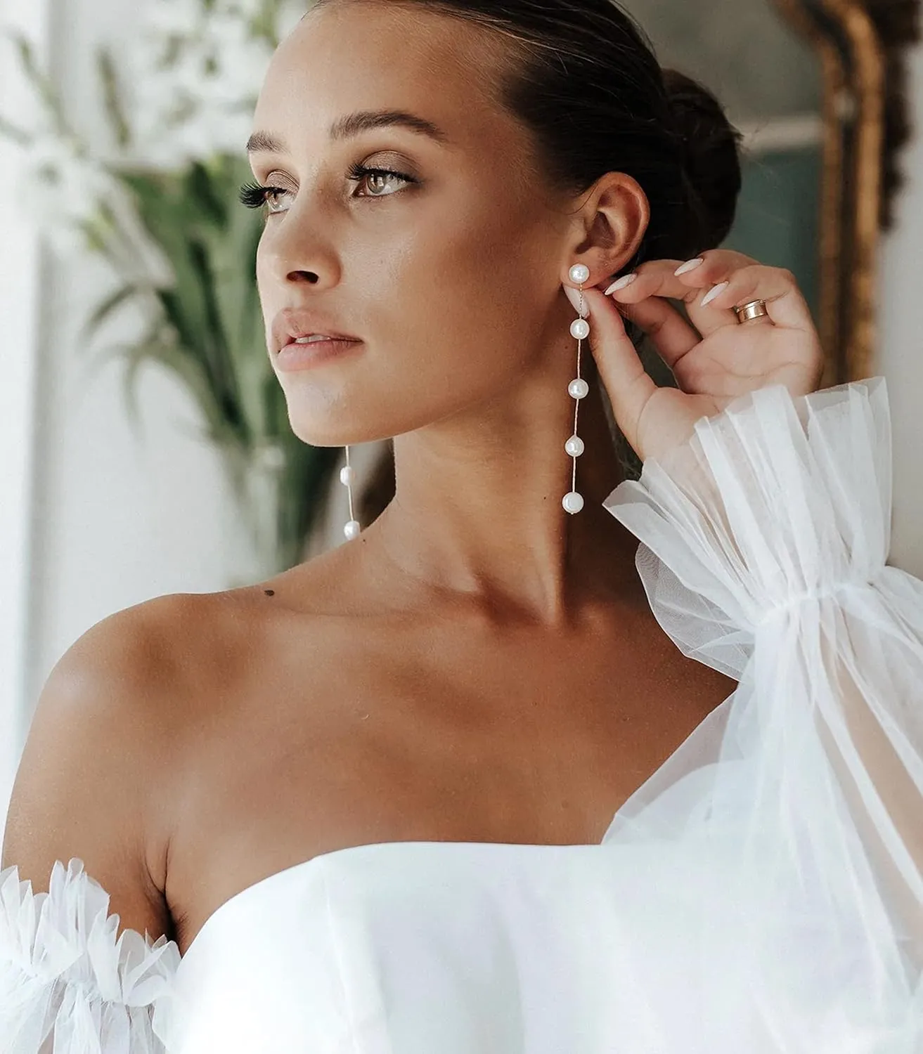 925 Sterling Silver 14mm White Round Pearl Drop Earrings for Women Fashion Dangle Hoop Earrings for Wedding Minimalist Jewelry for Girls