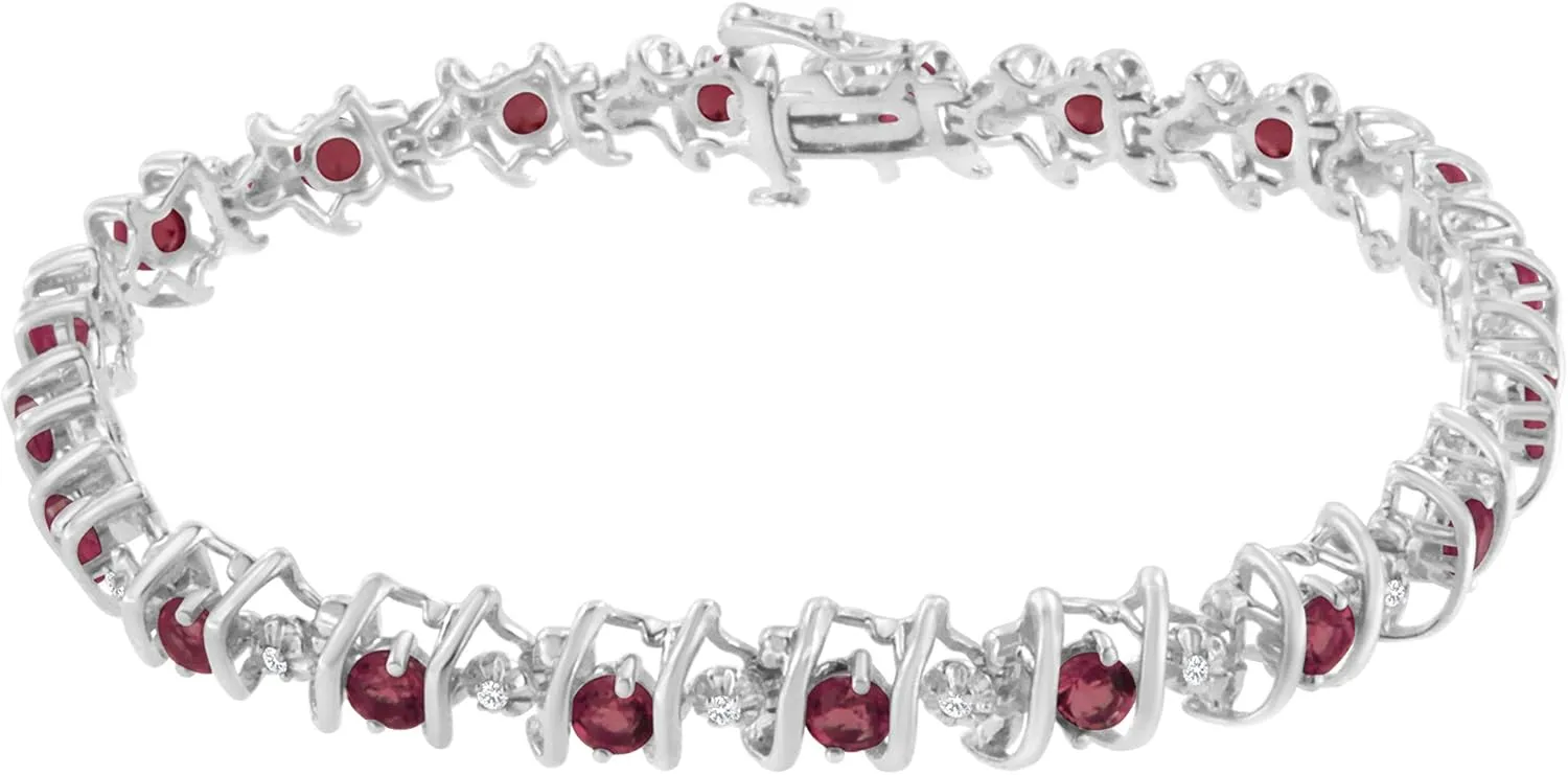 .925 Sterling Silver 4 Cttw Miracle-Set Diamond & Created Birthstone Caged Wave 7" Tennis Bracelet (H-I Color, I1-I2 Clarity) - Choice of Gem Colors