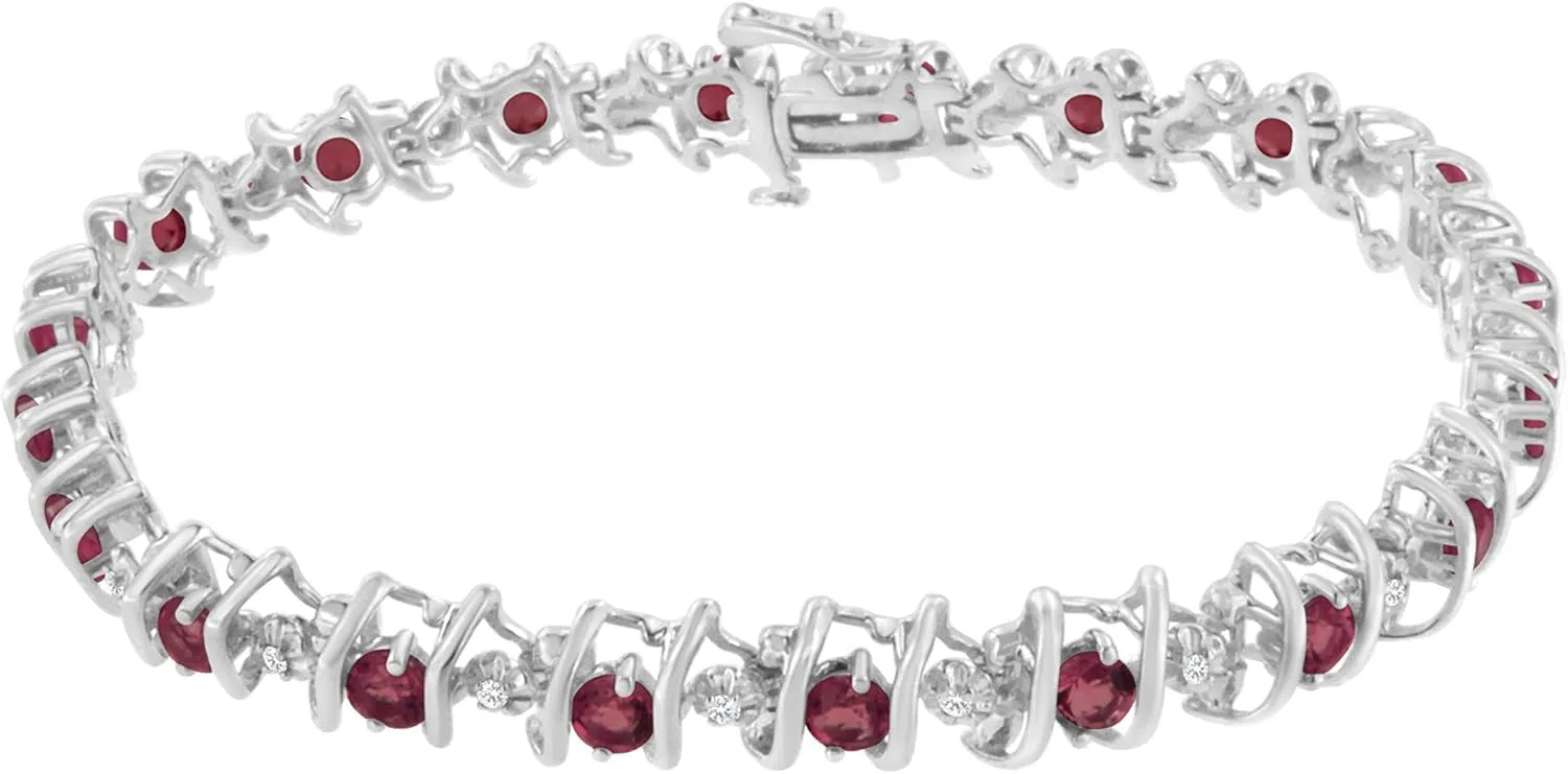 .925 Sterling Silver 4 Cttw Miracle-Set Diamond & Created Birthstone Caged Wave 7" Tennis Bracelet (H-I Color, I1-I2 Clarity) - Choice of Gem Colors