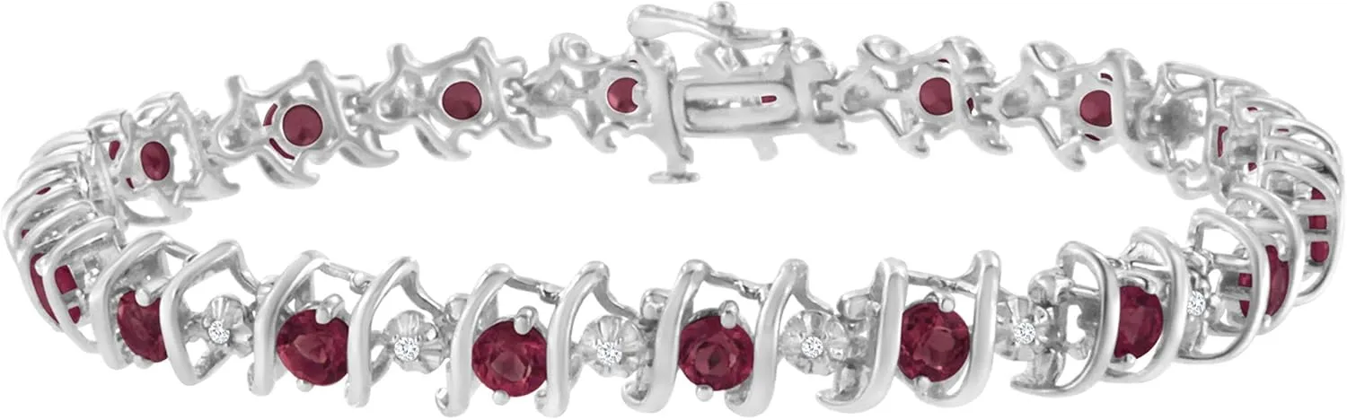 .925 Sterling Silver 4 Cttw Miracle-Set Diamond & Created Birthstone Caged Wave 7" Tennis Bracelet (H-I Color, I1-I2 Clarity) - Choice of Gem Colors