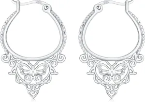 925 Sterling Silver Boho Filigree Hoop Earrings for Women Hypoallergenic Vintage Butterfly Jewelry