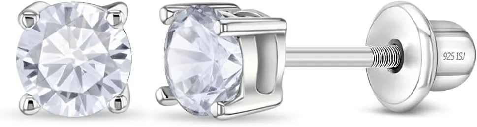925 Sterling Silver Cubic Zirconia Round Screw Back Earrings for Toddlers & Little Girls 4mm - Timeless and Classic Stud Earrings Great for Everyday Wear - Hypoallergenic Safe for Young Girls