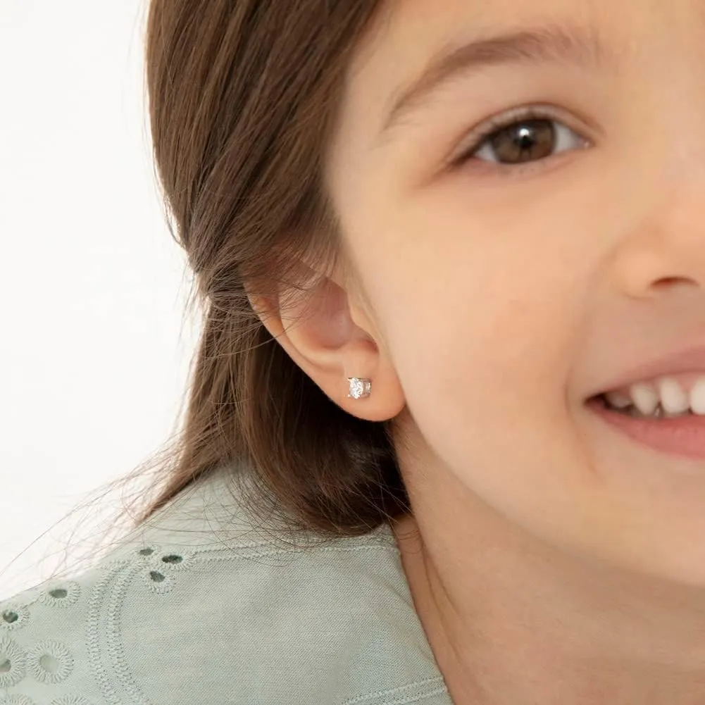 925 Sterling Silver Cubic Zirconia Round Screw Back Earrings for Toddlers & Little Girls 4mm - Timeless and Classic Stud Earrings Great for Everyday Wear - Hypoallergenic Safe for Young Girls