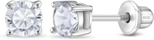 925 Sterling Silver Cubic Zirconia Round Screw Back Earrings for Toddlers & Little Girls 4mm - Timeless and Classic Stud Earrings Great for Everyday Wear - Hypoallergenic Safe for Young Girls