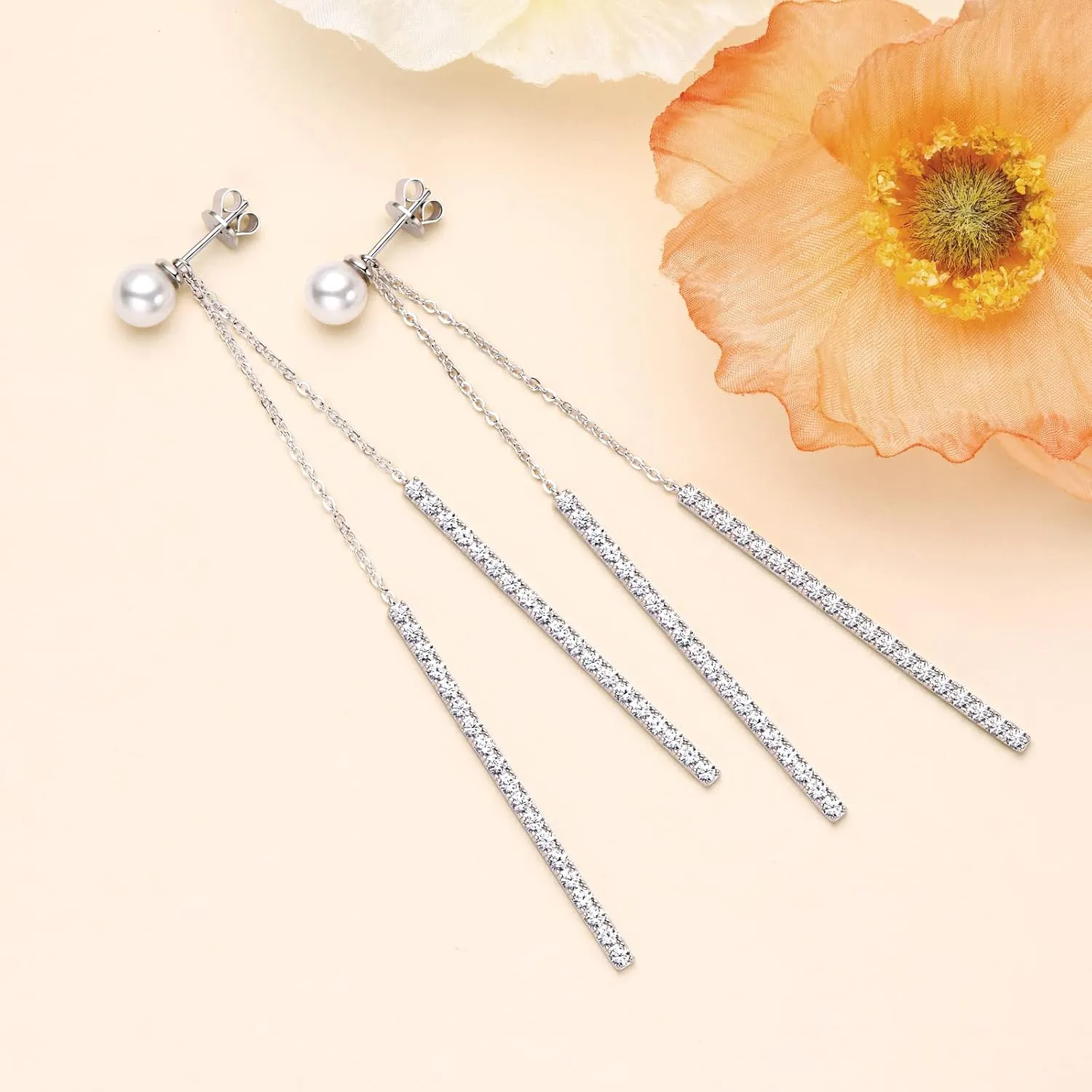 925 Sterling Silver Freshwater Pearl Drop Earrings for Women - June Birthstone Long Dangle Jewelry Gifts for Mom, Wife, Girlfriend