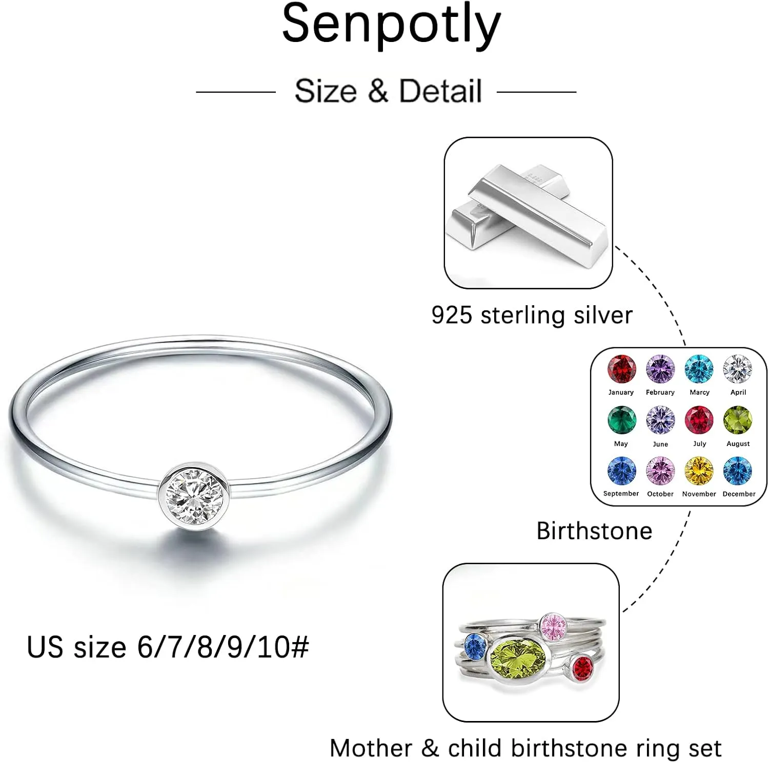 925 Sterling Silver Mother Child Birthstone Stackable Rings Set Mother Ring with Birthstone Mother Daughter Family Ring Mother's Day Jewelry Gifts for Wife