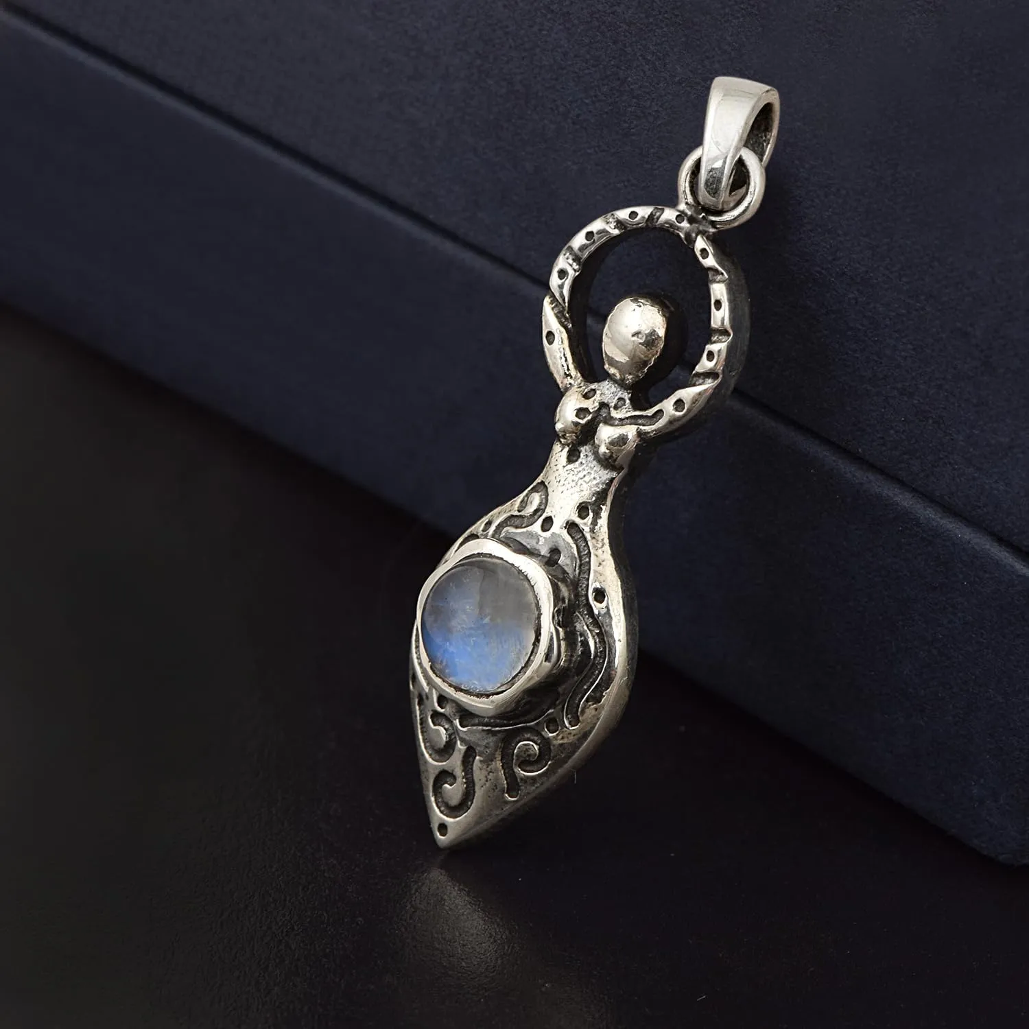 925 Sterling Silver Round Rainbow Moonstone-Amethyst-Opal Celtic Goddess Of Fertility Charm Pendant- June Gemini Birthstone Birthday Present - Graduation Gift Jewelry