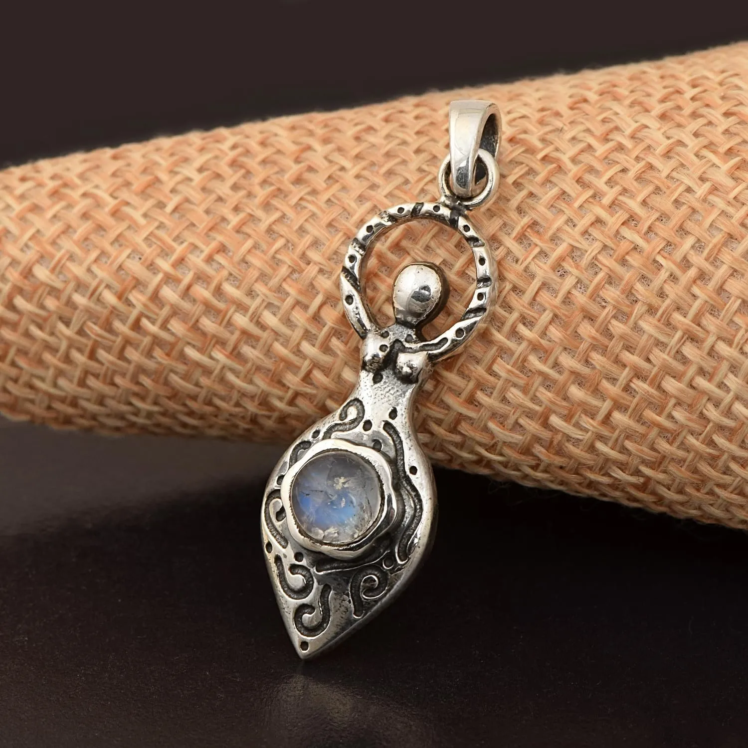 925 Sterling Silver Round Rainbow Moonstone-Amethyst-Opal Celtic Goddess Of Fertility Charm Pendant- June Gemini Birthstone Birthday Present - Graduation Gift Jewelry