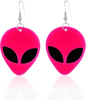 Acrylic Punk Green Alien Face Dangle Earrings Big Eye Space Aliens Statement Drop Stainless Steel Rave Earrings