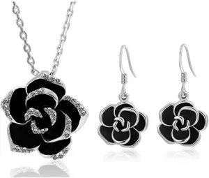 AILUOR Black Rose Camellia Flower Jewelry Sets, Fashion Wedding Bridal Crystal Flower Pendant Statement Necklace Hook Earrings Set for Women
