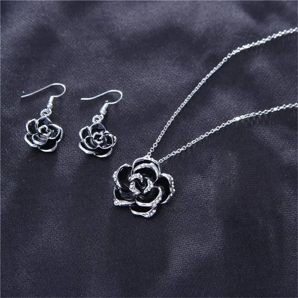 AILUOR Black Rose Camellia Flower Jewelry Sets, Fashion Wedding Bridal Crystal Flower Pendant Statement Necklace Hook Earrings Set for Women