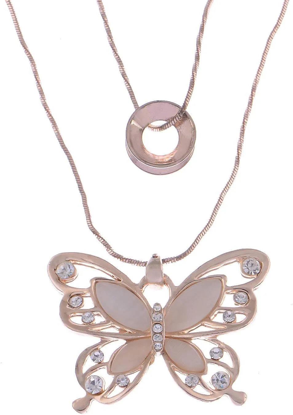 Alilang Double Layered Rose Gold Tone Shine Rhinestones Butterfly Pendant Statement Necklace