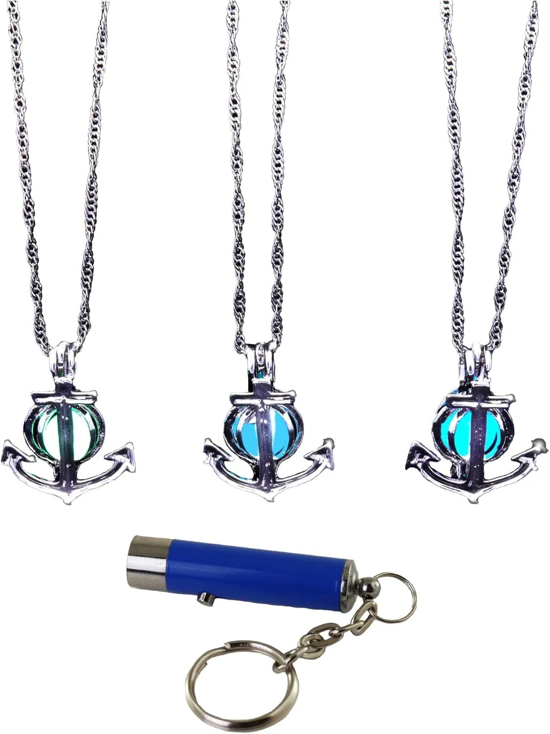 AlterImage Anchor Glow in The Dark Necklaces for Men or Women 3 Pack Green Blue & Sky Blue Includes UV Light
