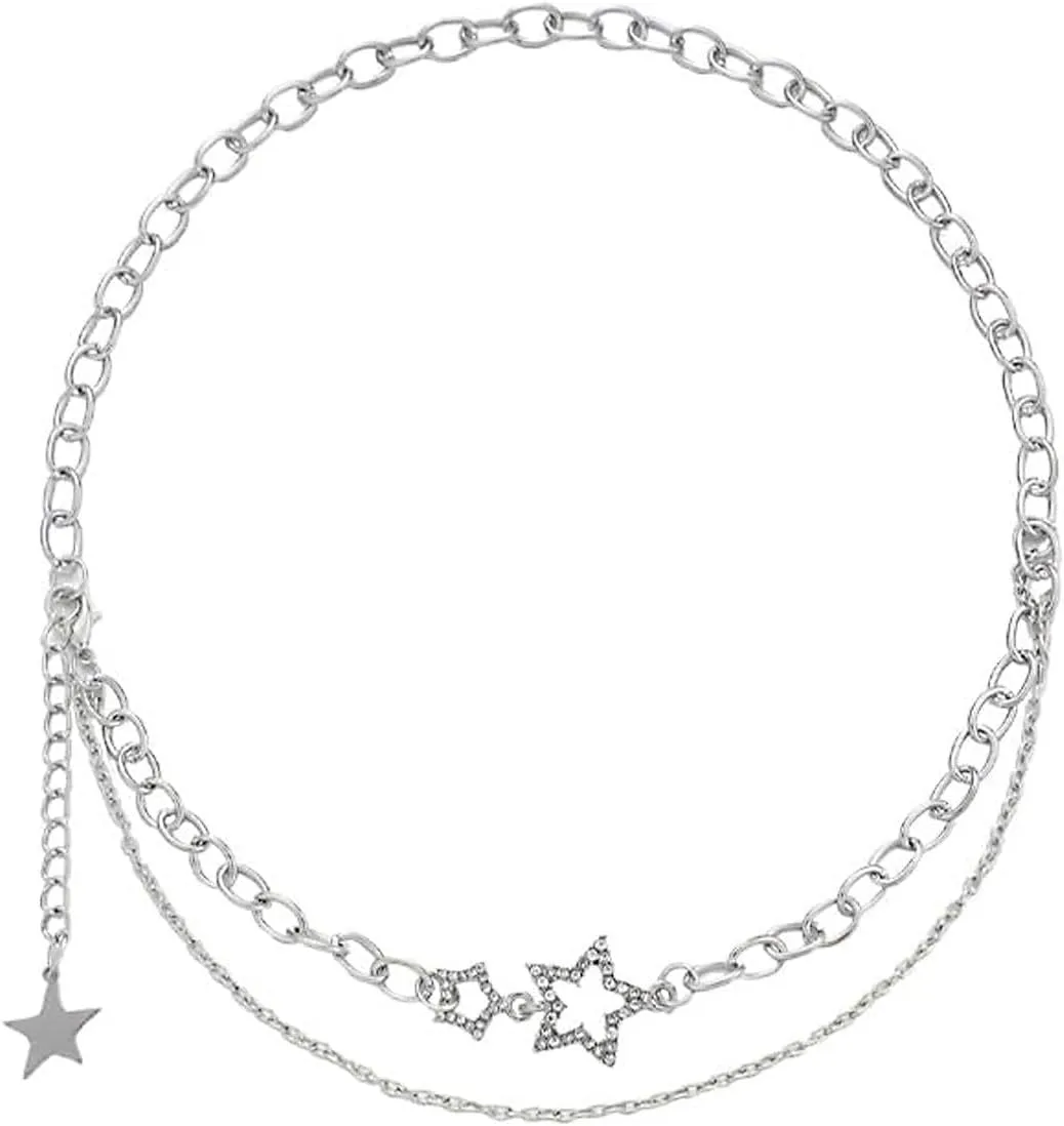 AmNooL Star Necklace Y2k, Double Star Chain Necklaces for Teen Girls, Silver Punk Jewelry Asymmetric Layered Choker Necklace for Women, Idea Gift for Various Occasions and Trendy Fashion Statement