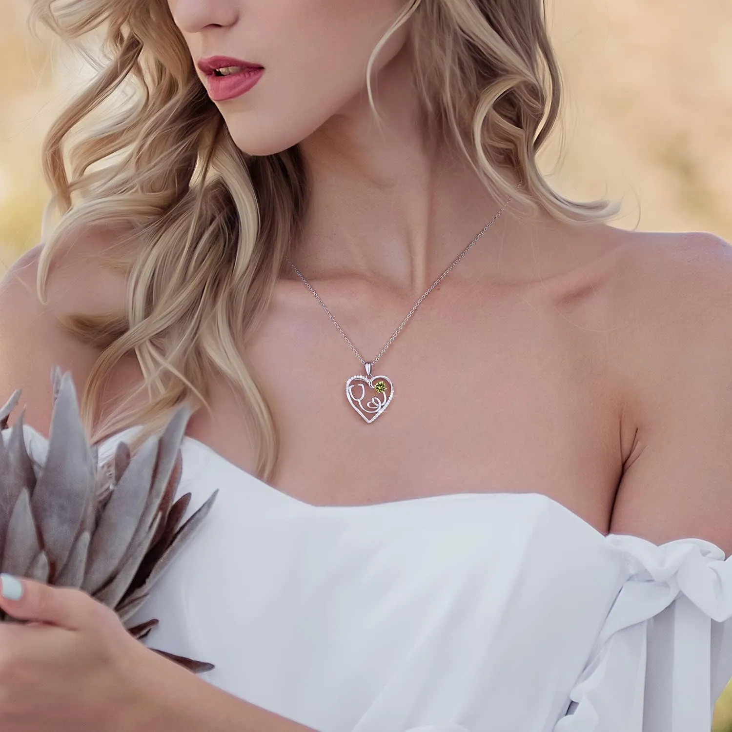 AmorAime 925 Sterling Silver Heart Necklace 14K Gold or Rose Gold Nurse Birthstone Necklace Stethoscope Necklaces for Doctor Medical Student RN for Festival or Holiday