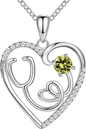 AmorAime 925 Sterling Silver Heart Necklace 14K Gold or Rose Gold Nurse Birthstone Necklace Stethoscope Necklaces for Doctor Medical Student RN for Festival or Holiday