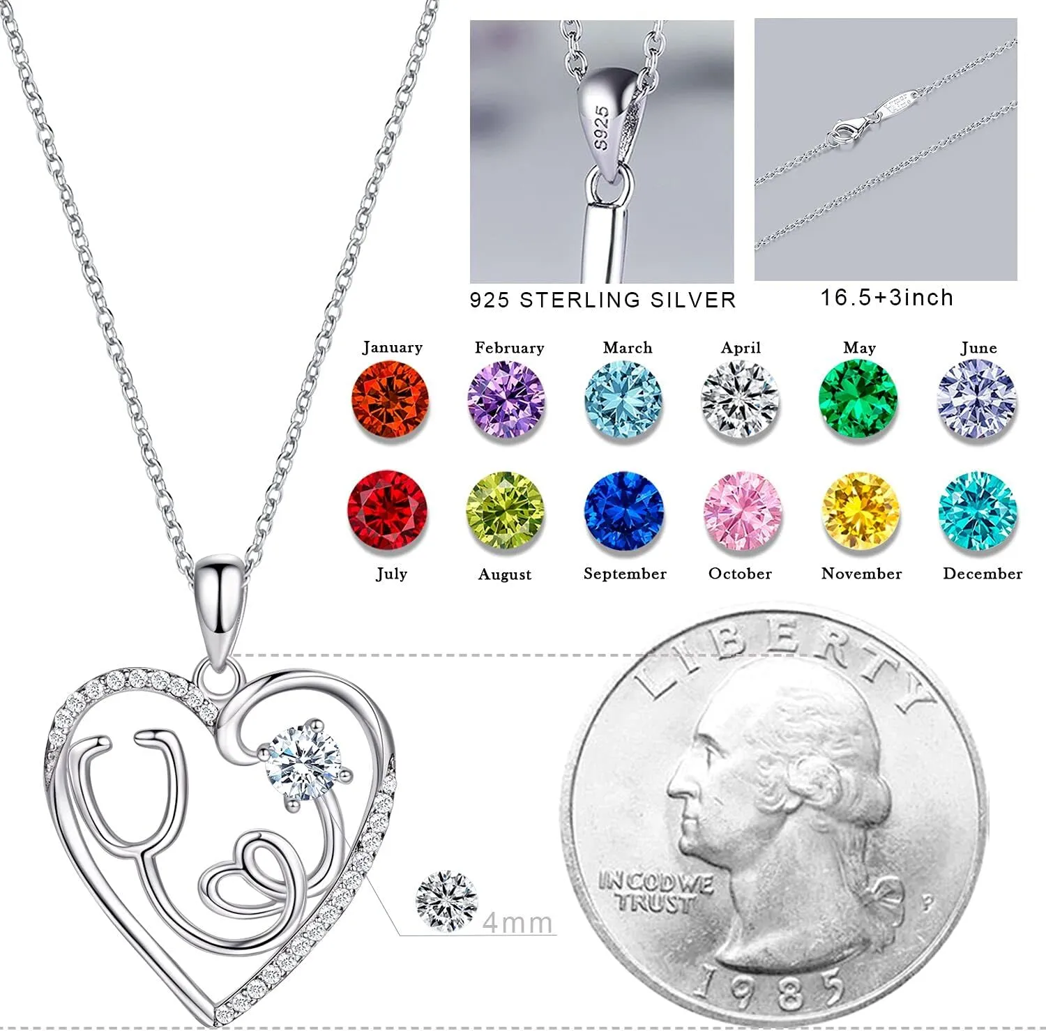 AmorAime 925 Sterling Silver Heart Necklace 14K Gold or Rose Gold Nurse Birthstone Necklace Stethoscope Necklaces for Doctor Medical Student RN for Festival or Holiday