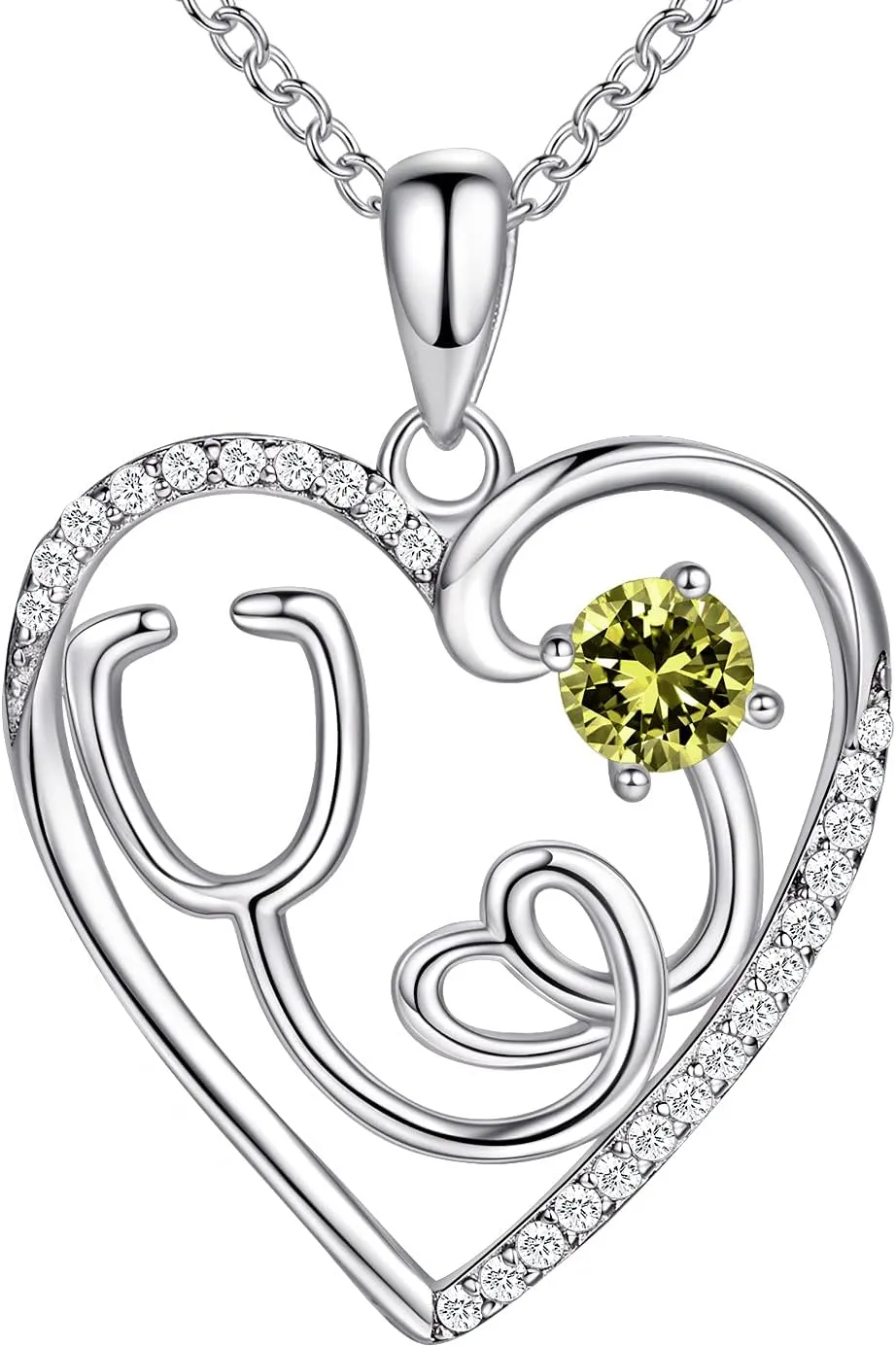 AmorAime 925 Sterling Silver Heart Necklace 14K Gold or Rose Gold Nurse Birthstone Necklace Stethoscope Necklaces for Doctor Medical Student RN for Festival or Holiday