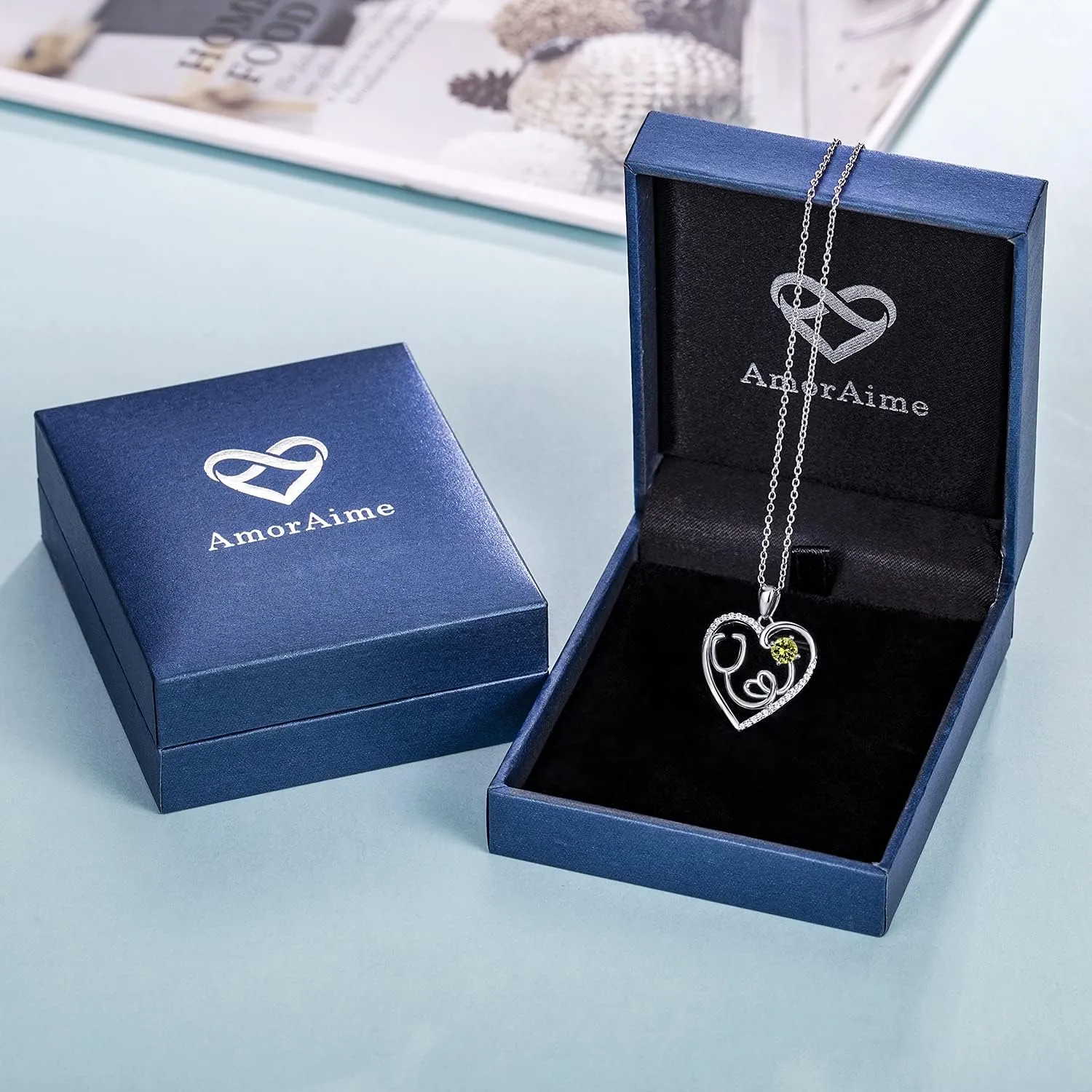 AmorAime 925 Sterling Silver Heart Necklace 14K Gold or Rose Gold Nurse Birthstone Necklace Stethoscope Necklaces for Doctor Medical Student RN for Festival or Holiday