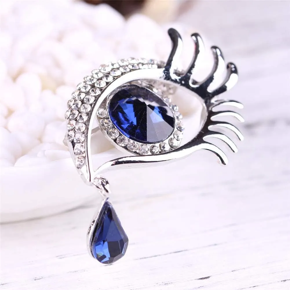 Angel Tears Brooch Pins, Elegant Rhinestone Sapphire Big Eyes Alloy Long Eyelashes Corsage Breastpin for Women Jewelry
