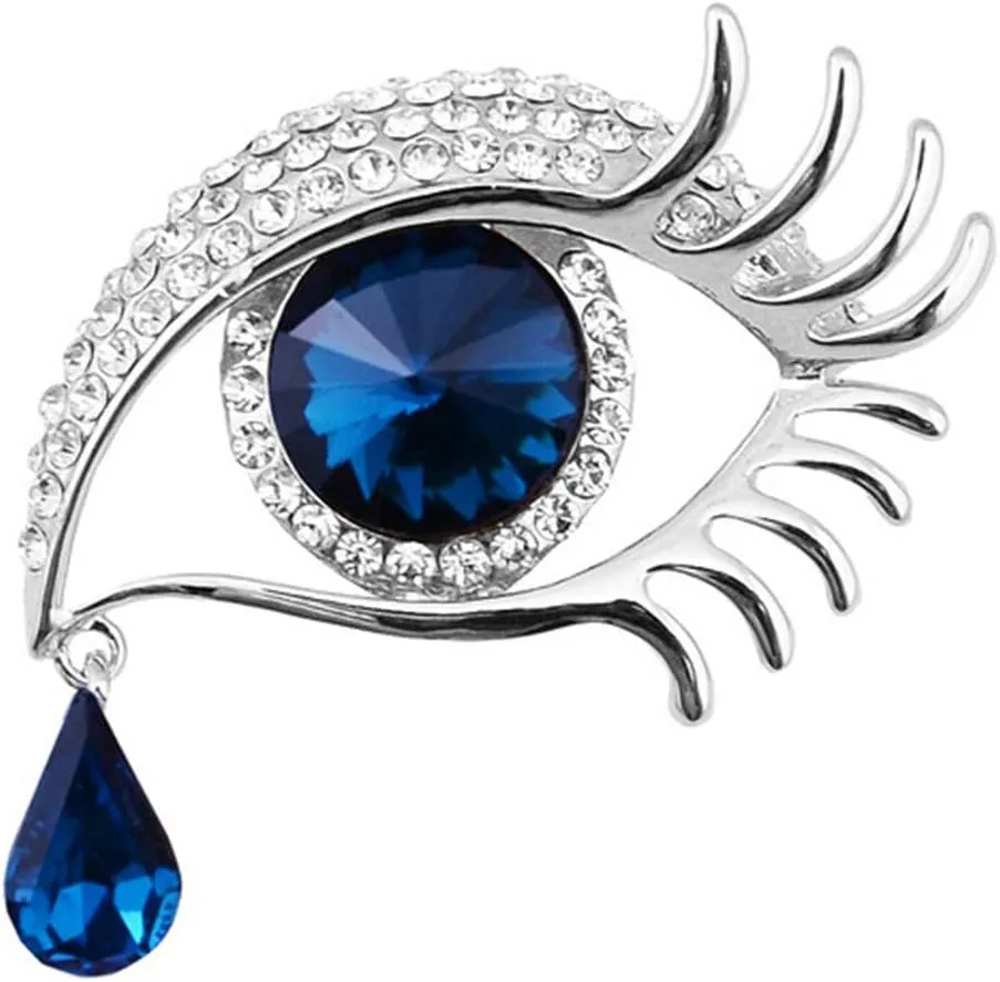 Angel Tears Brooch Pins, Elegant Rhinestone Sapphire Big Eyes Alloy Long Eyelashes Corsage Breastpin for Women Jewelry