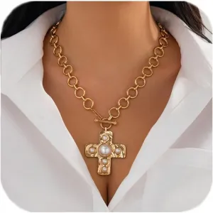 Angyape Chunky Cross Necklace for Women, Statement Hammered Bold Cross Necklace Non Tarnish Paperclip Thick Chain Vintage Layering Toggle Clasp Pendant Choker Jewelry