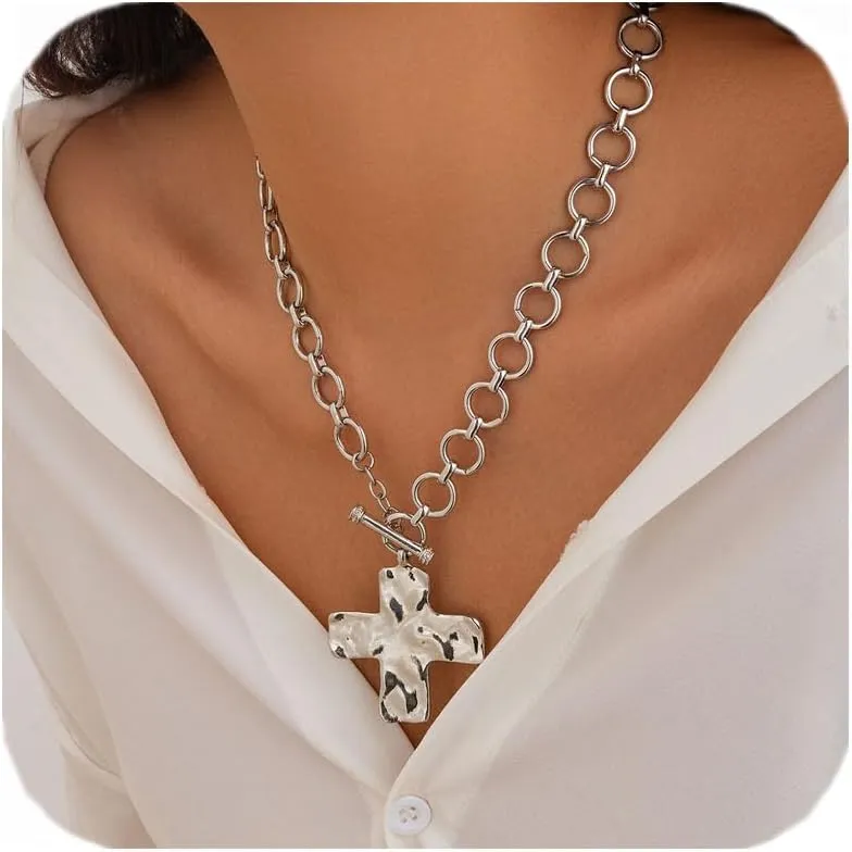 Angyape Chunky Cross Necklace for Women, Statement Hammered Bold Cross Necklace Non Tarnish Paperclip Thick Chain Vintage Layering Toggle Clasp Pendant Choker Jewelry