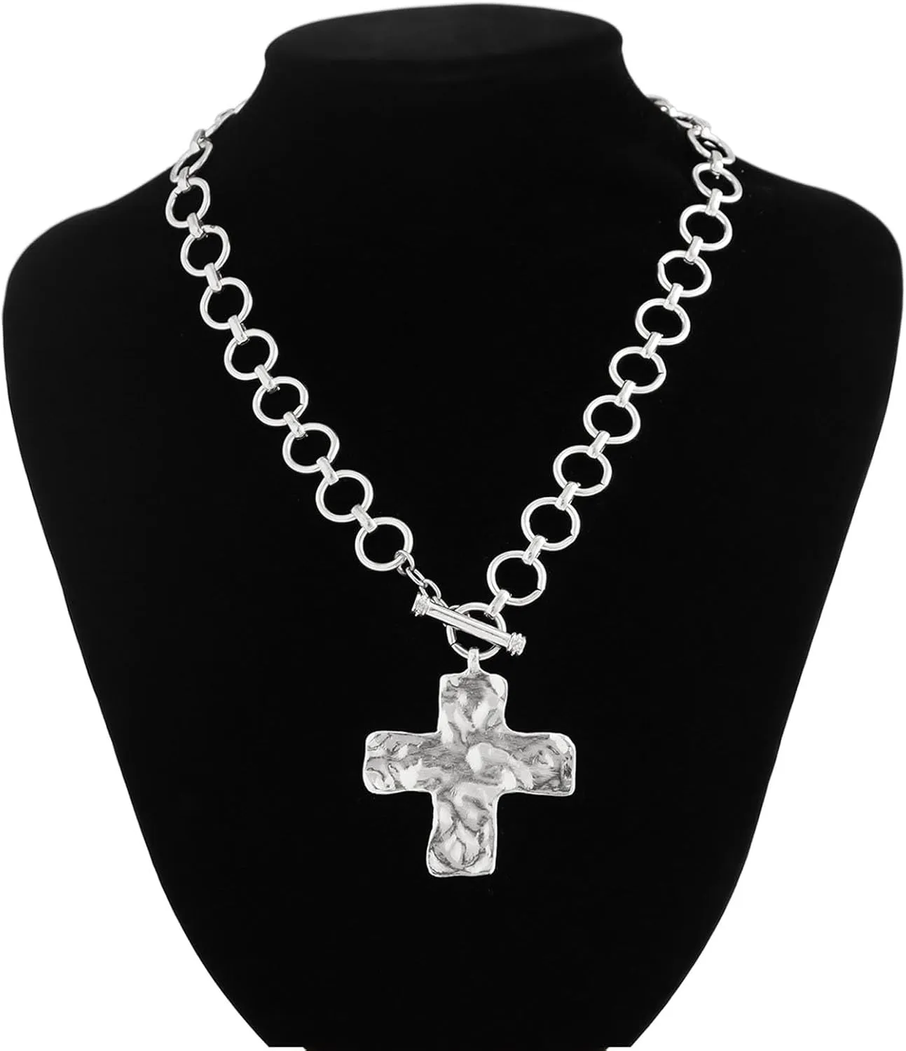 Angyape Chunky Cross Necklace for Women, Statement Hammered Bold Cross Necklace Non Tarnish Paperclip Thick Chain Vintage Layering Toggle Clasp Pendant Choker Jewelry