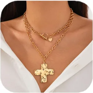 Angyape Chunky Cross Necklace for Women, Statement Hammered Bold Cross Necklace Non Tarnish Paperclip Thick Chain Vintage Layering Toggle Clasp Pendant Choker Jewelry