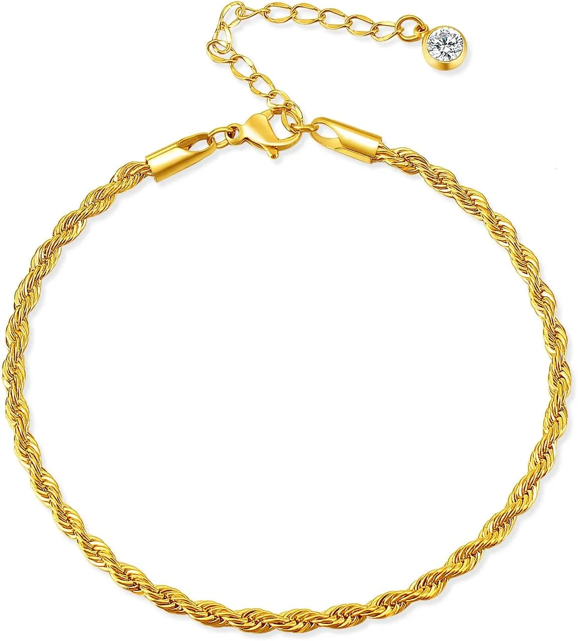 Ankle Bracelets for Women, 3mm Braided Rope Chain 18K Gold Plated Anklets for Women No Tarnish