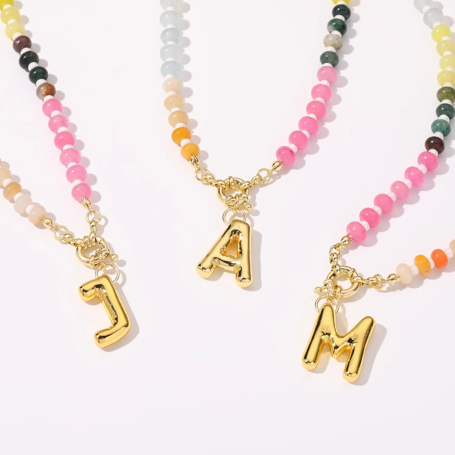 Apsvo Beaded Initial Necklaces for Women, Colorful Bead Gemstone Choker 14K Gold Bubble Letter Pendant Necklace Natural Stone Summer Beach Jewelry Gift