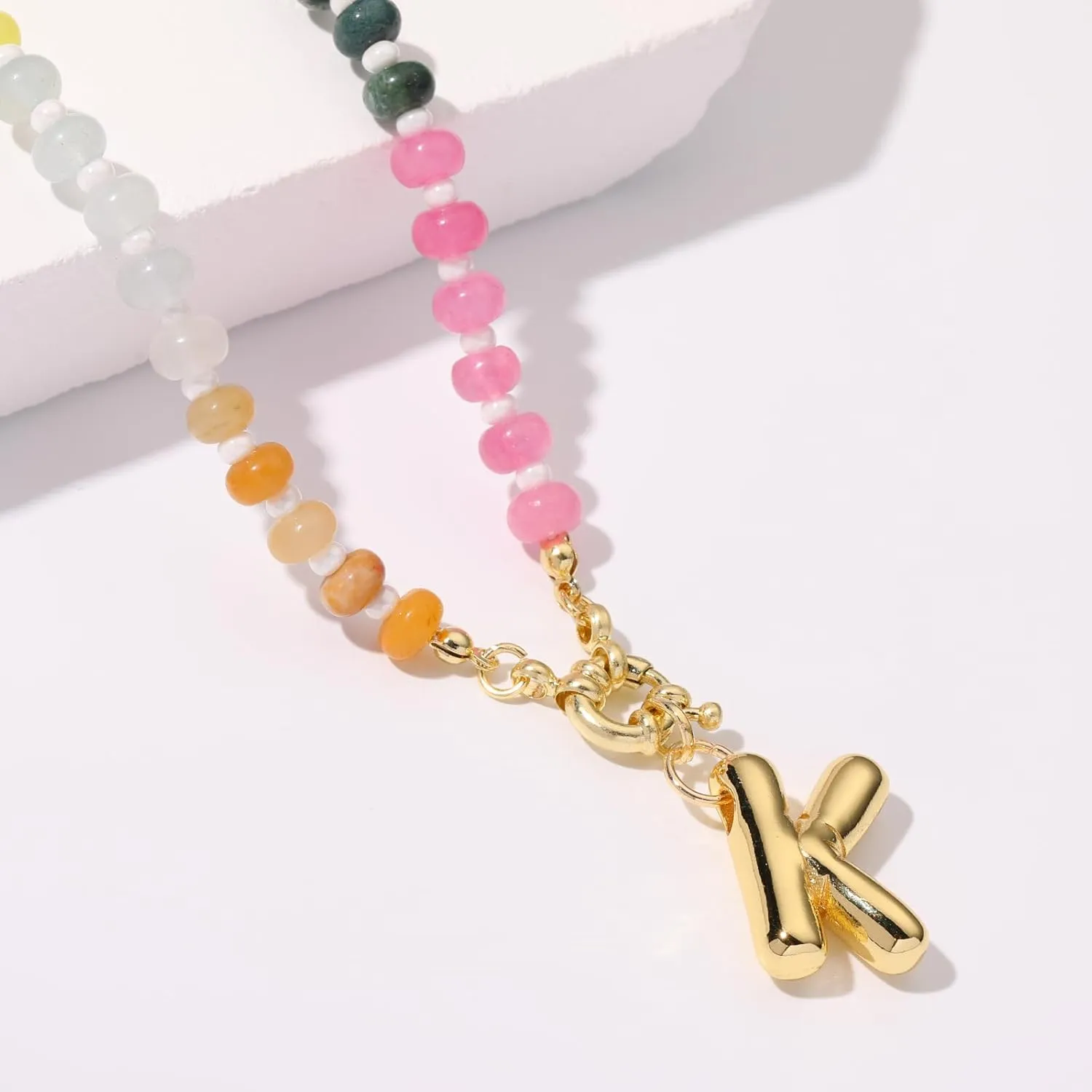 Apsvo Beaded Initial Necklaces for Women, Colorful Bead Gemstone Choker 14K Gold Bubble Letter Pendant Necklace Natural Stone Summer Beach Jewelry Gift
