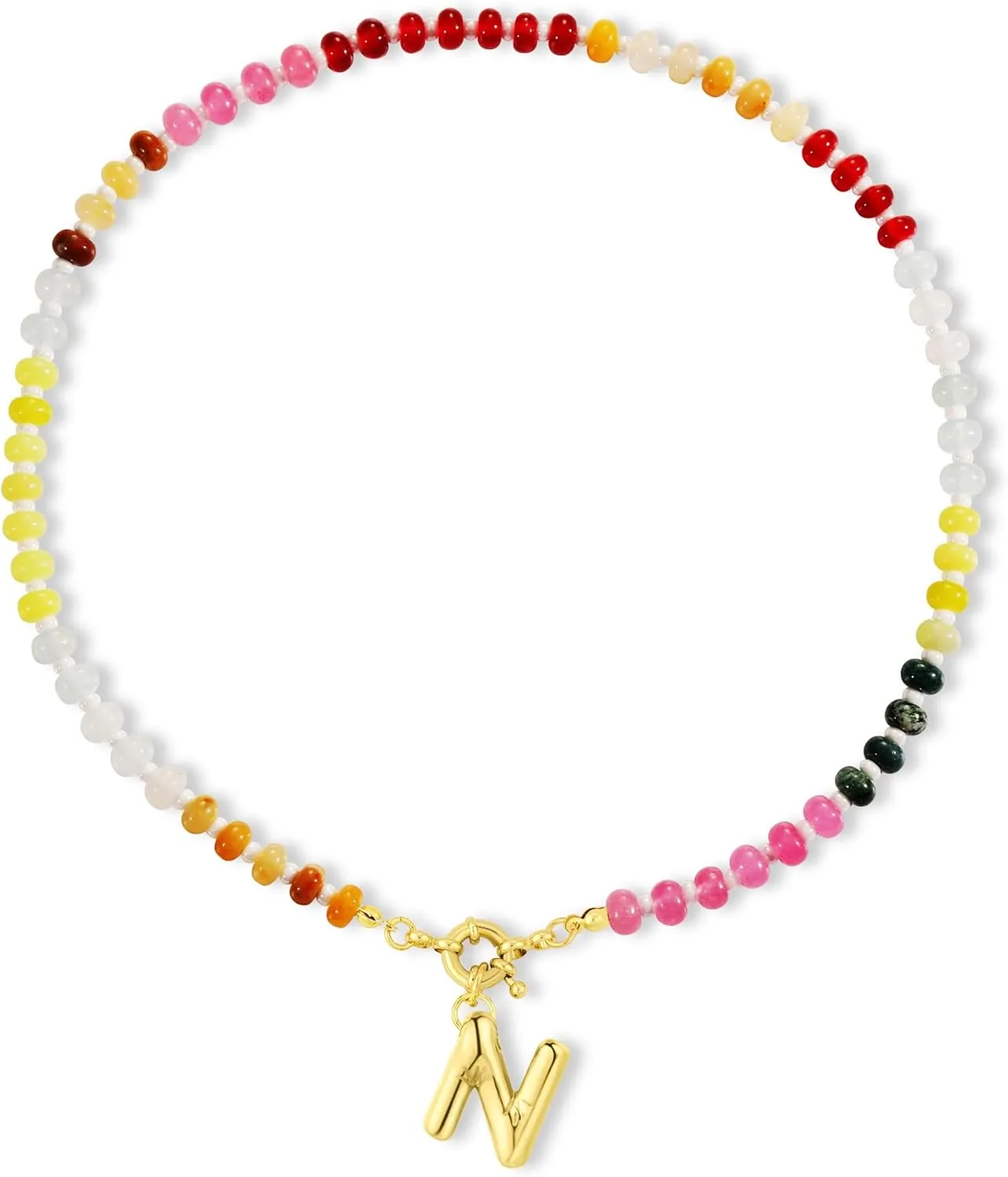 Apsvo Beaded Initial Necklaces for Women, Colorful Bead Gemstone Choker 14K Gold Bubble Letter Pendant Necklace Natural Stone Summer Beach Jewelry Gift