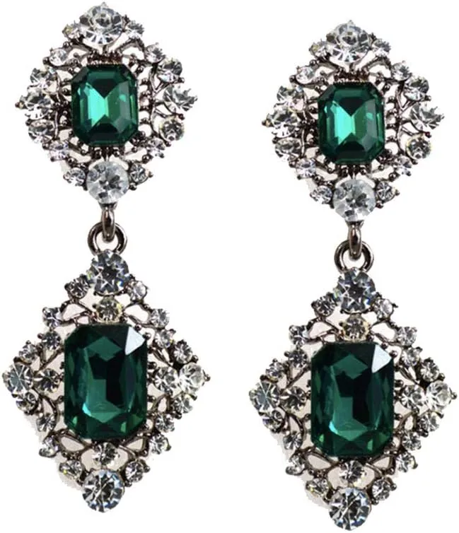 Art Deco Antique Vintage Retro Style Green Emerald Clear Rhinestone Bridal Bridesmaid Wedding Prom Statement Dangle Earrings
