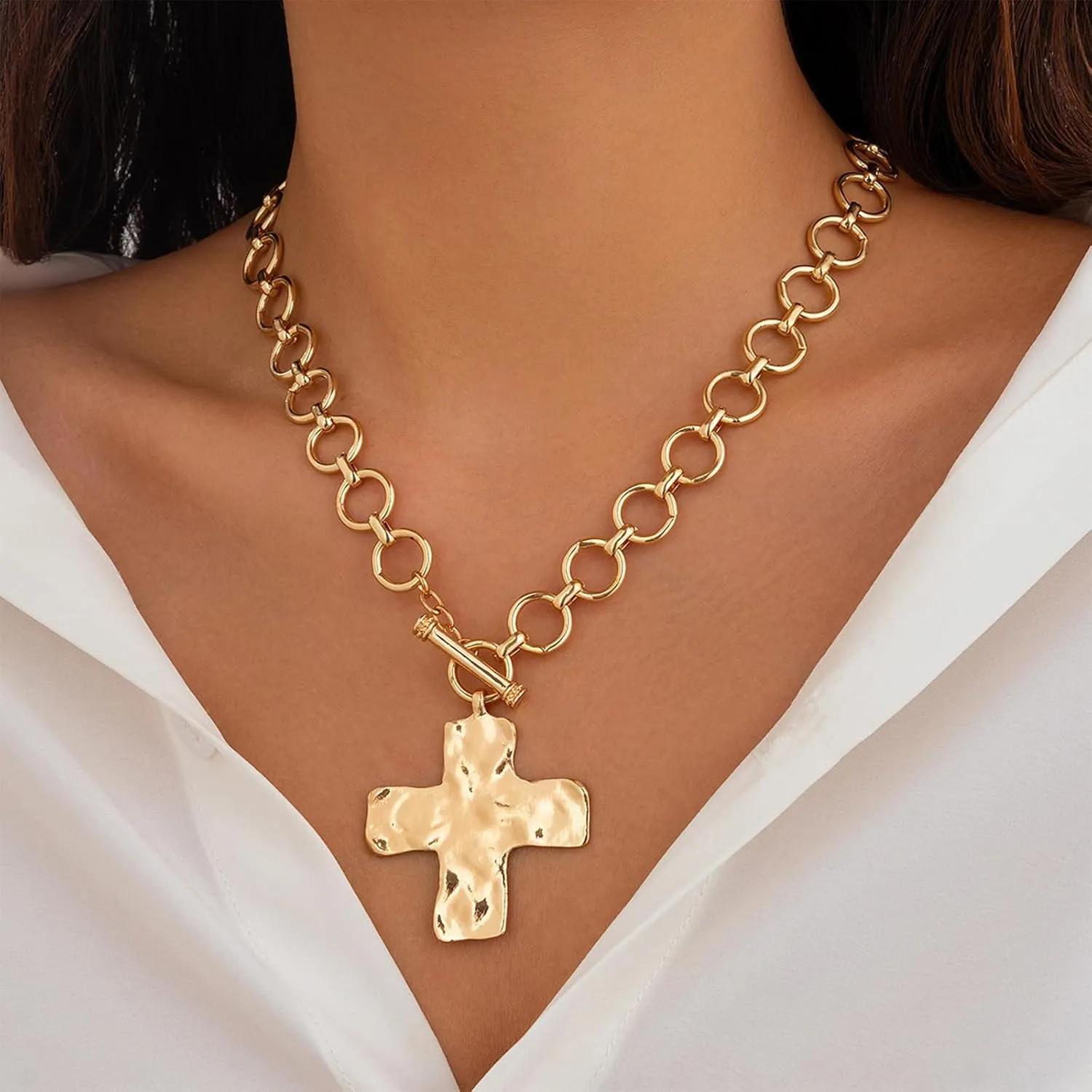 Atiptu Gold Chunky Cross Necklace for Women Statement Cross Pendant Necklace Layered Hammered Bold Cross Necklace Vintage Toggle Clasp Necklace Jewelry