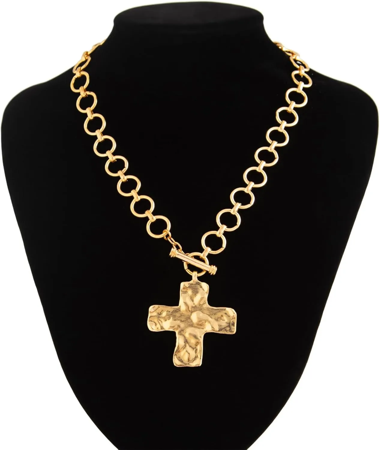Atiptu Gold Chunky Cross Necklace for Women Statement Cross Pendant Necklace Layered Hammered Bold Cross Necklace Vintage Toggle Clasp Necklace Jewelry