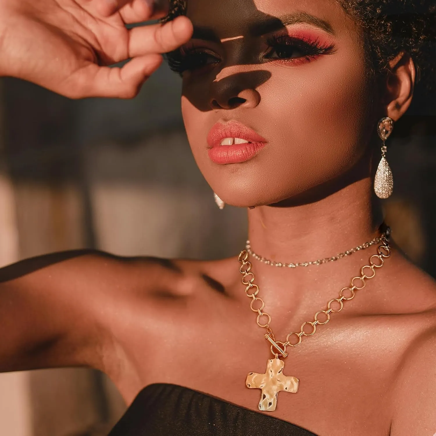 Atiptu Gold Chunky Cross Necklace for Women Statement Cross Pendant Necklace Layered Hammered Bold Cross Necklace Vintage Toggle Clasp Necklace Jewelry