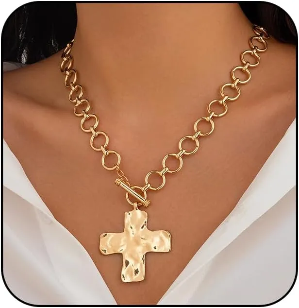 Atiptu Gold Chunky Cross Necklace for Women Statement Cross Pendant Necklace Layered Hammered Bold Cross Necklace Vintage Toggle Clasp Necklace Jewelry