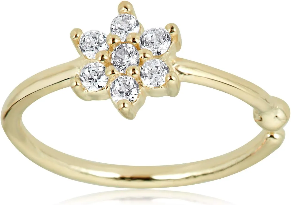 AVORA 14K Gold Simulated Diamond CZ Flower Nose Ring Body Jewelry (20 Gauge)