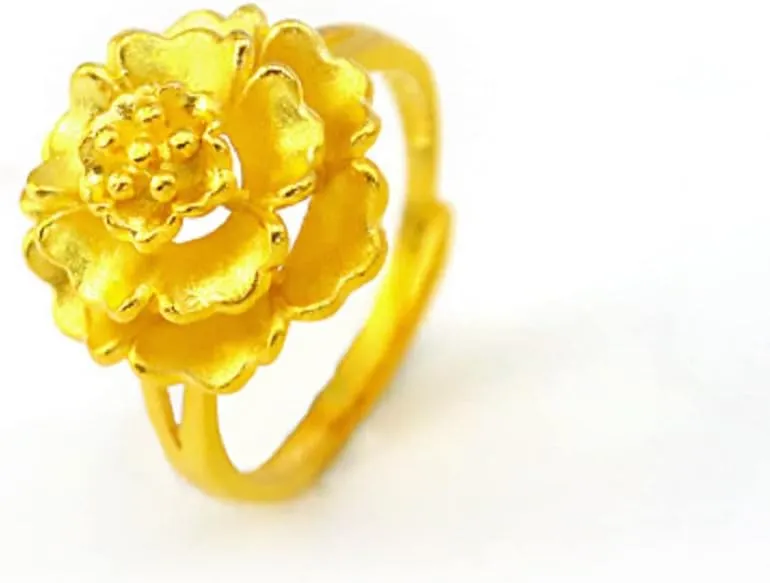 Awmnjtmgpw 18K Gold Vintage Flower Peony Flower Stamen Ring Wedding Finely Polished Gold Ring with Adjustable Opening