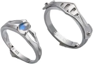 Awmnjtmgpw 925 Pure Princess and Knight Ring Couple Ring Set with Diamond Moonstone Ring Type Ring Opening Adjustable Ring Pair