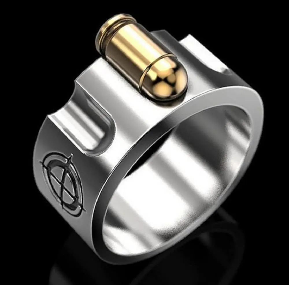Awmnjtmgpw 925 Sterling Silver creative bullet men's ring roulette revolver two-color ring domineering Ring Size 7-11 (Size 7)
