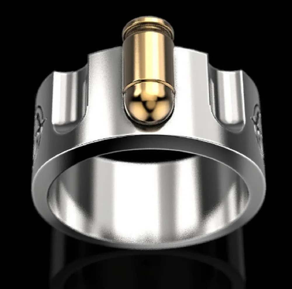 Awmnjtmgpw 925 Sterling Silver creative bullet men's ring roulette revolver two-color ring domineering Ring Size 7-11 (Size 7)