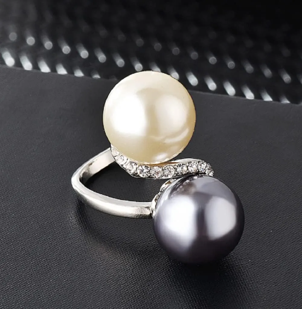 Awmnjtmgpw 925 sterling silver fashion creative two-color pearl pure natural Black Pearl White Pearl unique engagement party ring size 6-10 (Size 6)